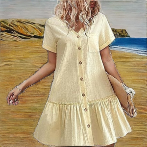 Vestido Midi Casual de Primavera para Mujer, de Algodón y Lino, con Cuello en V, Dobladillo con Volantes, Manga Corta, Cierre de Hebilla, Transpirable, Lavable, para Moda - Product Image 3