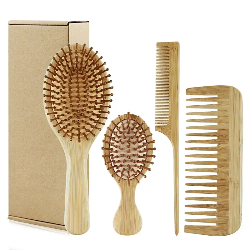 Sikat rambut bambu dan sisir Set, sikat rambut pijat kayu Logo kustom sisir gigi lebar dan ekor
