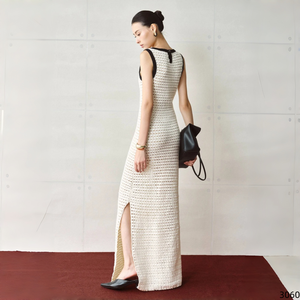 Abito lungo in maglia all'uncinetto con bordo a contrasto, senza maniche, girocollo, aderente, con spacco laterale e motivo geometrico traforato, da donna - Product Image 4