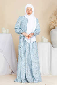 Vestido Largo Elegante Personalizado Leduo, Color Azul Claro, con Estampado Floral, Mangas Abullonadas y Hiyab a Juego, Abaya para Mujeres Musulmanas - Product Image 2