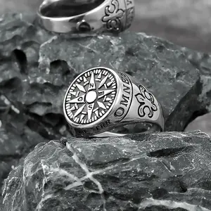 European And American Retro Viking Nordic Pirate Compass Small Letter Stainless Steel Ring Men's Dressing Accessories Gift