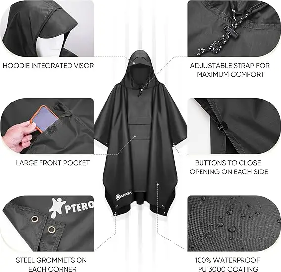 Hooded Rain Poncho Waterproof Raincoat Jacket for Men Women Adults