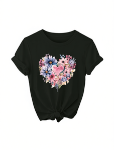 T-shirt da donna con stampa floreale a cuore, manica corta, girocollo, vestibilità ampia casual, 100% cotone, primavera estate, lavabile in lavatrice - Product Image 1