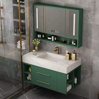 Kabinet Kamar Mandi Modern Melamin 2024, 2 Laci, Lebar 40 Inci, 1 Wastafel Porselen, Cermin LED Touch Illuminated, Terpasang di Dinding