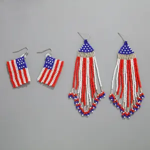 New USA Independence Day Flag Tassel Earrings Ethnic Style Hand-Woven Seed Bead Dangling Earrings Wholesale