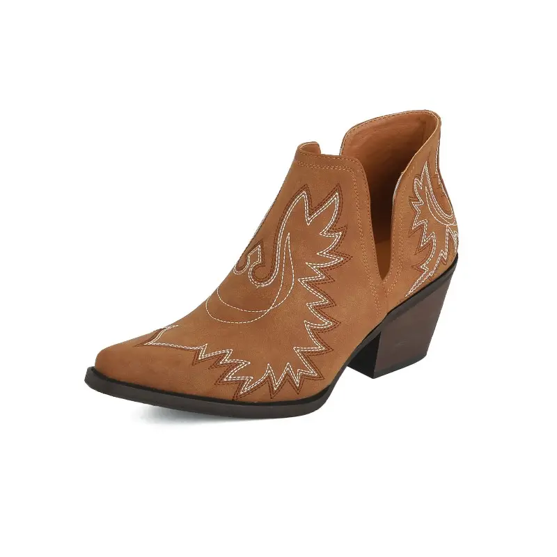 2022 Trendy Retro Style Western Cowgirl Boots Women Casual Shoes Chunky Mid Heel Embroidered Short Boots Slip on Ankle Boots