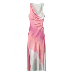 <b>Vintage</b> <b>Summer</b> Tie Dye Print Midi <b>Dress</b> for Women Sleeveless Satin Robe Natural Waistline Woven Digital Printing Ruffles - Product Image 2