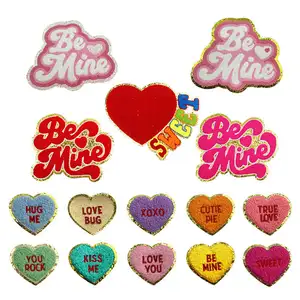 Custom New Hot Pink Big Size Iron On Chenille Embroidered Gold Edge Mama Love Be Mine Letter Patch For T-shirt Hoodies