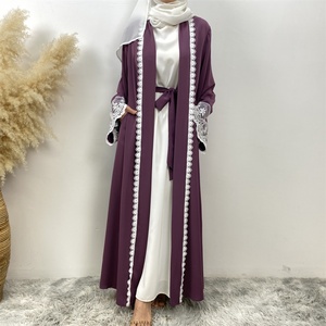 1405# Popular Eid Nida Material Flower <b>Lace</b> Border Classy Simplicity <b>White</b> Embroidery Women Open Abaya Have Pockets - Product Image 3