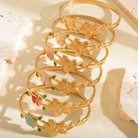 Gelang Manset Baja Anti Karat Berlapis Emas 18K dengan Hiasan Bunga dan Daun Enamel yang Elegan, Hadiah untuk Wanita