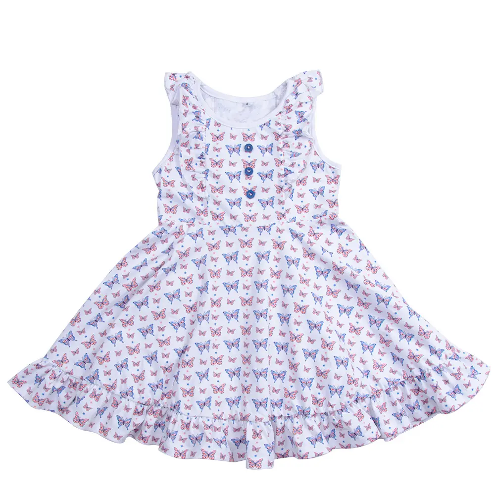 Summer Hot Sale Baby Girl Butterfly Printed Sleeveless Twirling Dress With Buttons Down