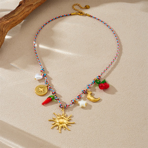 Fashion Beaded Necklace Gold Plated Sun Moon Star Chili Pepper Pendant Woven Cord Multi Element Design - Product Image 3