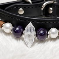 Collier pour animaux de compagnie en cuir violet, élégant, classique, simple, durable et luxueux, entièrement perlé, avec colonne hexagonale en cristal, pour chiens et chats