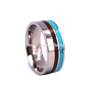 Turquoise and Koa Wood Ring set in Titanium High Polish Wedding Band