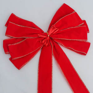 Árbol de Navidad Topper flocado grandes lazos de cinta de terciopelo rojo borde dorado venta al por mayor decoración superior colgante de fábrica para temporada festiva - Product Image 2