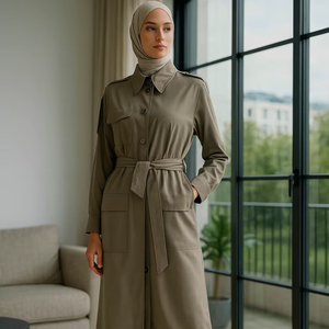 YXC008 Gabardina larga caqui enfocada en musulmanes de alta moda con cintura con cinturón y detalle de bolsillo de marca Hijab de caramelo a juego - Product Image 1