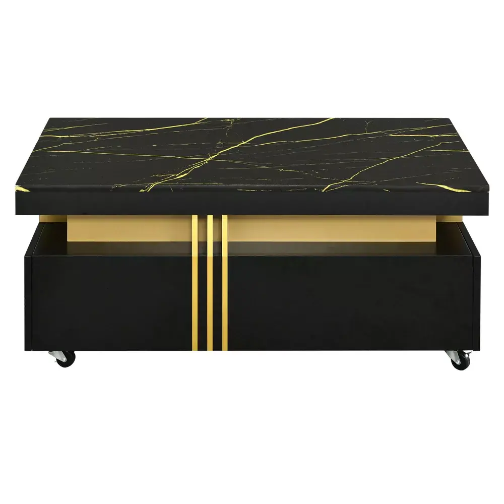 Mesa de centro contemporânea com tampo de mármore falso, mesa de coquetel retangular com rodízios e barras de metal dourado