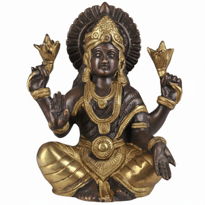 Escultura de la diosa Lakshmi de 6 pulgadas hecha a mano en latón hecha en India para regalar - Product Image 1