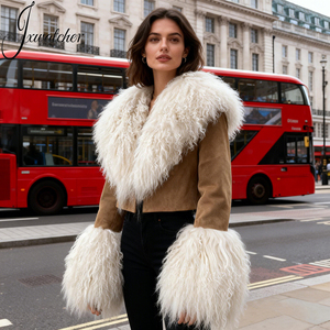 Cappotto da <span class=keywords><strong>Donna</strong></span> Morbido a Maniche Lunghe in Vera Pelle di Pecora con Collo in Pelliccia di Agnello Autunno Inverno con Logo Personalizzato OEM Giacca Corta in Vera Pelle Scamosciata - Product Image 3