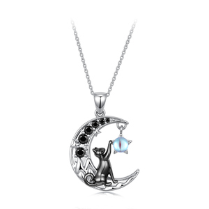 Silver Plated <b>Cat</b> On Moon Pendant <b>Necklace</b> With Cubic Zirconia And Blue Stone For Women's Everyday Wearing - Product Image 1