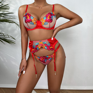 Nuevo Conjunto de Lencería Floral Bordado Colorido, Conjunto de Ropa Interior con Liguero de Malla Transparente, Exótico y Sensual - Product Image 2