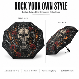 Parapluie pliant automatique compact anti-pluie, motif crâne gothique, guitare et rose, poignée crâne, style Heavy Metal Rock - Product Image 4