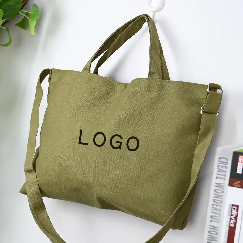 Custom Logo Black Green Korea Fashion Designer Cotton Crossbody Shoulder Bag Canvas Tote With Custom Printed Logo