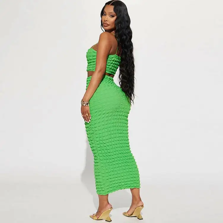 2024 New Fashion Hollow Lace Up Chest Long Skirt Suit Set For Women Fashion Design Sexy Green Women's Two-Piece Set