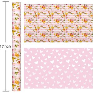 Burymento Pink Striped Floral <b>Wrapping</b> <b>Paper</b> 17 In X 32.8 Ft Reversible Gift Wrap For Baby Shower Birthday Valentine's Day - Product Image 5