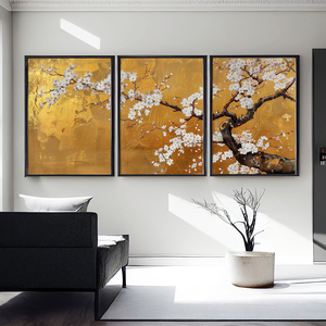 HAOWAI OEMODM ชุดภาพพิมพ์ลายซากุระญี่ปุ่นสีขาว 3 ชิ้น, งานศิลปะวินเทจสีทอง, ภาพวาดสวนสไตล์มินิมอลลายคอริน - Product Image 1