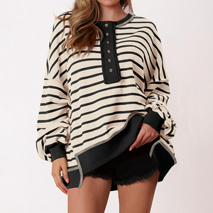 Suéter Popular Informal a <span class=keywords><strong>Rayas</strong></span> para Mujer, <span class=keywords><strong>Manga</strong></span> <span class=keywords><strong>Larga</strong></span>, Otoño e Invierno, Corte Holgado, Color Brillante, Diseño con Botones, <span class=keywords><strong>Cuello</strong></span> Redondo - Product Image 2