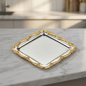 Elegante Bandeja Cuadrada para Servir con Borde Dorado, Acabado Metálico Pulido, Diseño Sólido, Uso Residencial - Product Image 2