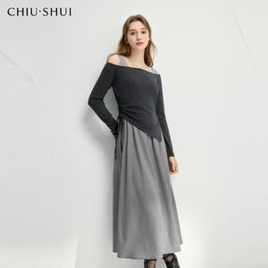 Ensemble deux pièces moderne pour femmes haut à manches longues à épaules dénudées <span class=keywords><strong>jupe</strong></span> Maxi grise tenue de mode à la mode - Product Image 1