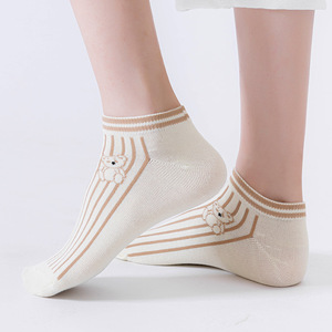 <b>Teddy</b> <b>Bear</b> Ankle Socks For Women Breathable Sweat Absorbing Casual Wear Light Beige Striped Design With Cartoon <b>Pattern</b> - Product Image 1