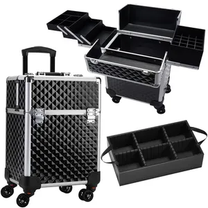 2023 New Mult-Color Makeup Train Case With 4 Rotating Wheels Aluminum Rolling Makeup Case For Makeup Artist