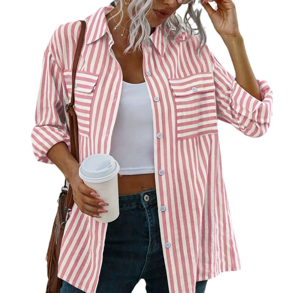 Benutzer definierte Damen Langarm Bluse Casual Striped Shirt Button Shirts Turn Down Kragen Chiffon Blusen für Frauen