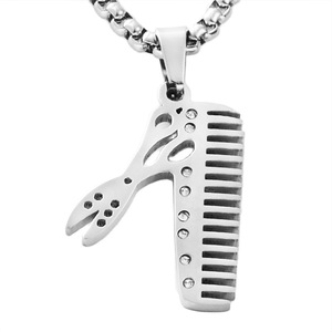 Collar para Hombre con Colgante de Tijeras y Peine de Acero Inoxidable, Diseño Geométrico Retro Punk, Engaste Pavé, Joyería de Moda - Product Image 1
