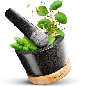 Juego de Mortero y Pilón de Alta Resistencia con Base de Madera, Molinillo de <span class=keywords><strong>Piedra</strong></span> de Granito 100% Natural, Parte Superior Ancha, Parte Inferior Estrecha - Product Image 3