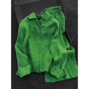 Stile PLC-16 abito Casual da <span class=keywords><strong>donna</strong></span> di <span class=keywords><strong>lino</strong></span> verde di fascia alta Set di due pezzi pigro e rilassato con pantaloni e camicia a gamba larga - Product Image 5