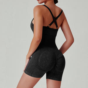 Tute corte senza cuciture traspiranti ad alta resistenza con cinturini da Yoga pantaloncini da Fitness <span class=keywords><strong>tuta</strong></span> sportiva con sedere color pesca - Product Image 3