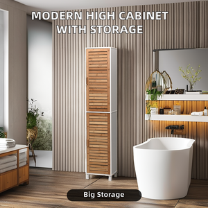 ארון רחצה מודרני גבוה מעץ בגודל דק עם מדפים ו-2 דלתות - Product Image 4