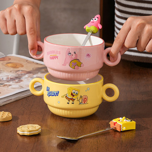 Ciotola in Ceramica <span class=keywords><strong>SpongeBob</strong></span> <span class=keywords><strong>Patrick</strong></span> con Doppio Manico e Cucchiaio Abbinato, Ciotola per Bambini, Ciotola in Porcellana per Colazione, Regalo - Product Image 3