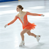 Robe de patinage artistique orange pour enfants et adultes, manches longues en maille, strass, jupe asymétrique en mousseline, pour compétition et spectacle de patinage sur glace