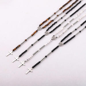 하이 퀄리티 4mm 천연 스톤 타이거 아이 오닉스 페르시 스테인레스 스틸 크로스 펜던트 묵주 목걸이 남성용 JNK9391 - Product Image 2