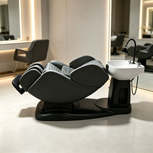 Chaise de massage électrique avec bac à shampoing, en cuir PU gris, inclinable, pour lavage de cheveux, salon de coiffure, spa capillaire - Product Image 2