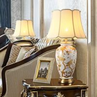 Lampe de bureau porte-vase en céramique fait main motif or de luxe abat-jour en soie lampes de table grande taille