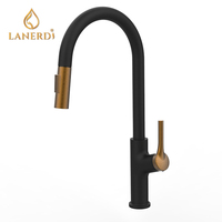 Robinet de cuisine Lanerdi moderne à poignée unique et à trou unique, or et noir, avec douchette extractible pour usage hôtelier