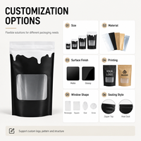 Pochette souple noire mate personnalisable avec logo, fermeture éclair refermable et fenêtre transparente pour emballage alimentaire, bonbons et snacks