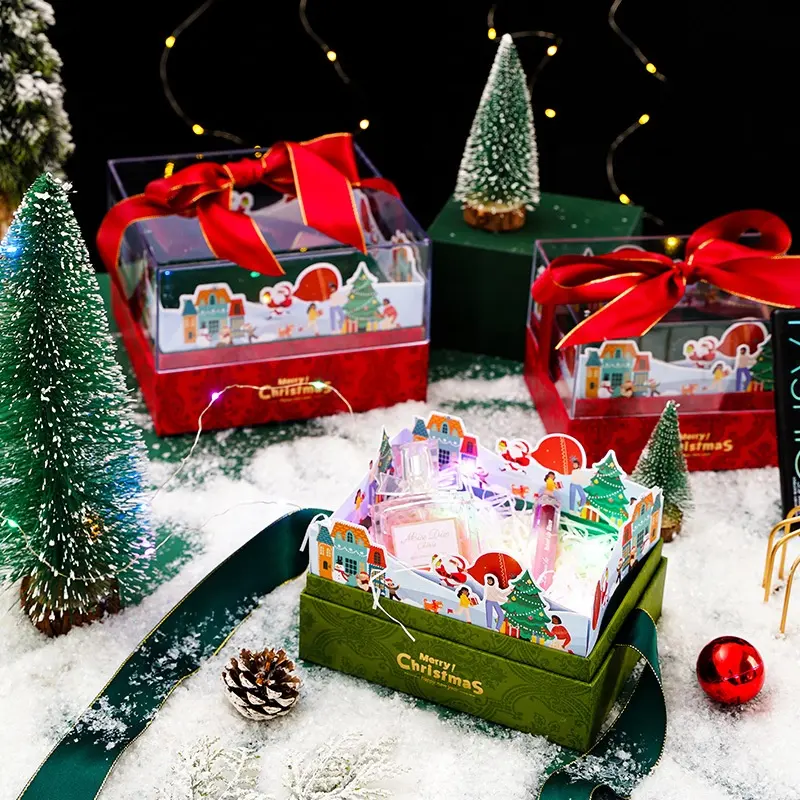 थोक क्रिसमस उपहार बॉक्स फैंसी पैकेजिंग क्रिसमस की पूर्व संध्या के लिए ऐक्रेलिक ढक्कन रिबन धनुष टाई के साथ खाली उपहार बक्से
