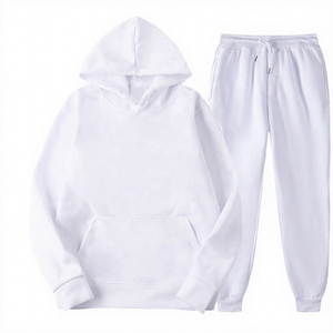 Unisex <b>White</b> Hooded Sweatshirt <b>Jogger</b> Pants Set Winter Solid Color Casual Full Sleeve Drawstring Pocket Design Fleece Midweight - Product Image 1